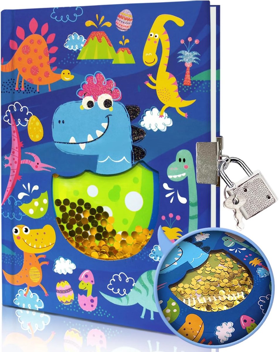 SnelShoppen - Dinosaurussen Secret Diary met Slot voor Meisjes, Schudbare Sequins Notitieboek 17.7x13.5cm, 160 Pagina's Kinderdagboek voor 5-10 Jaar O