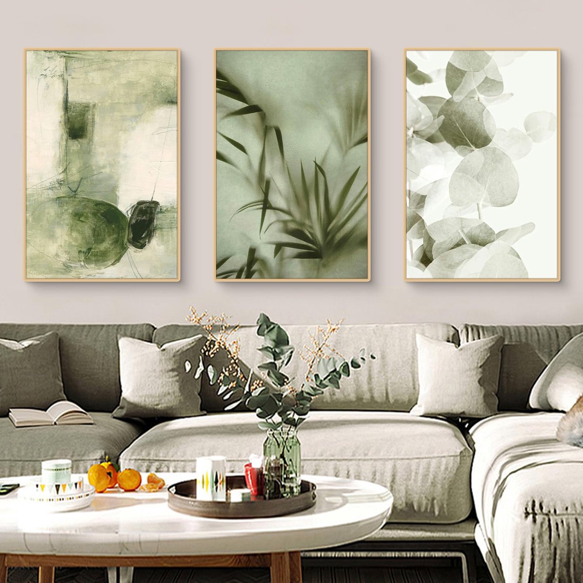SnelShoppen - 3-delige posterset wandafbeeldingen abstracte planten in Morandi-groen voor woonkamer, slaapkamer en hal, moderne Wabi-Sabi decoratie (4