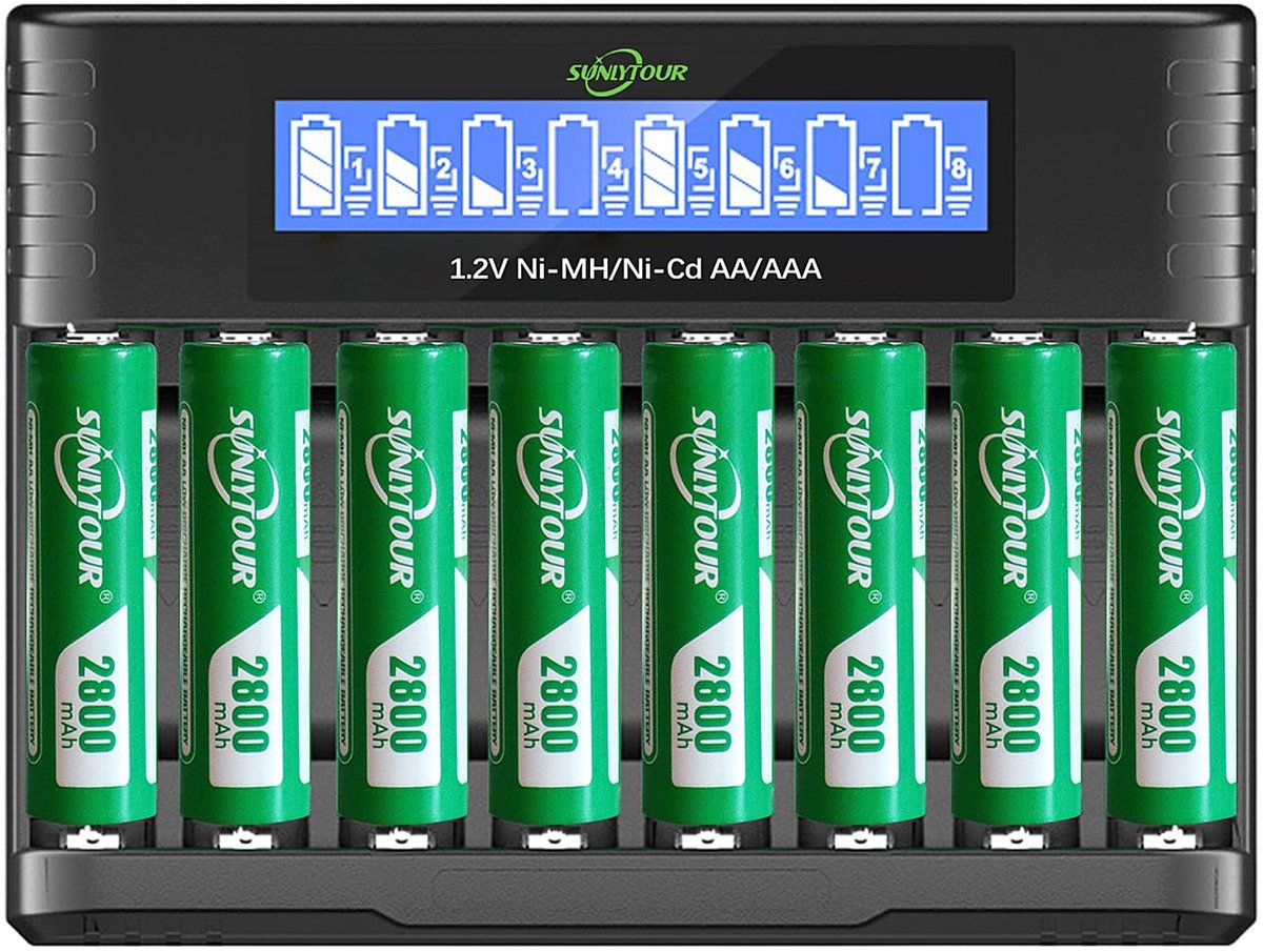 SnelShoppen - 2800mAh Ni-MH AA Batterijen met Oplader - 8 Stuks Herbruikbare Batterijen met 8 Sleuven Batterijlader voor AAA AA - Duurzaam en Ideaal v