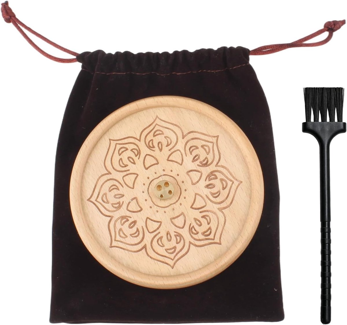 Lotus wierookbrander van hout met asschaal, set met borstel en fluwelen zakje voor yoga, meditatie en aromatherapie