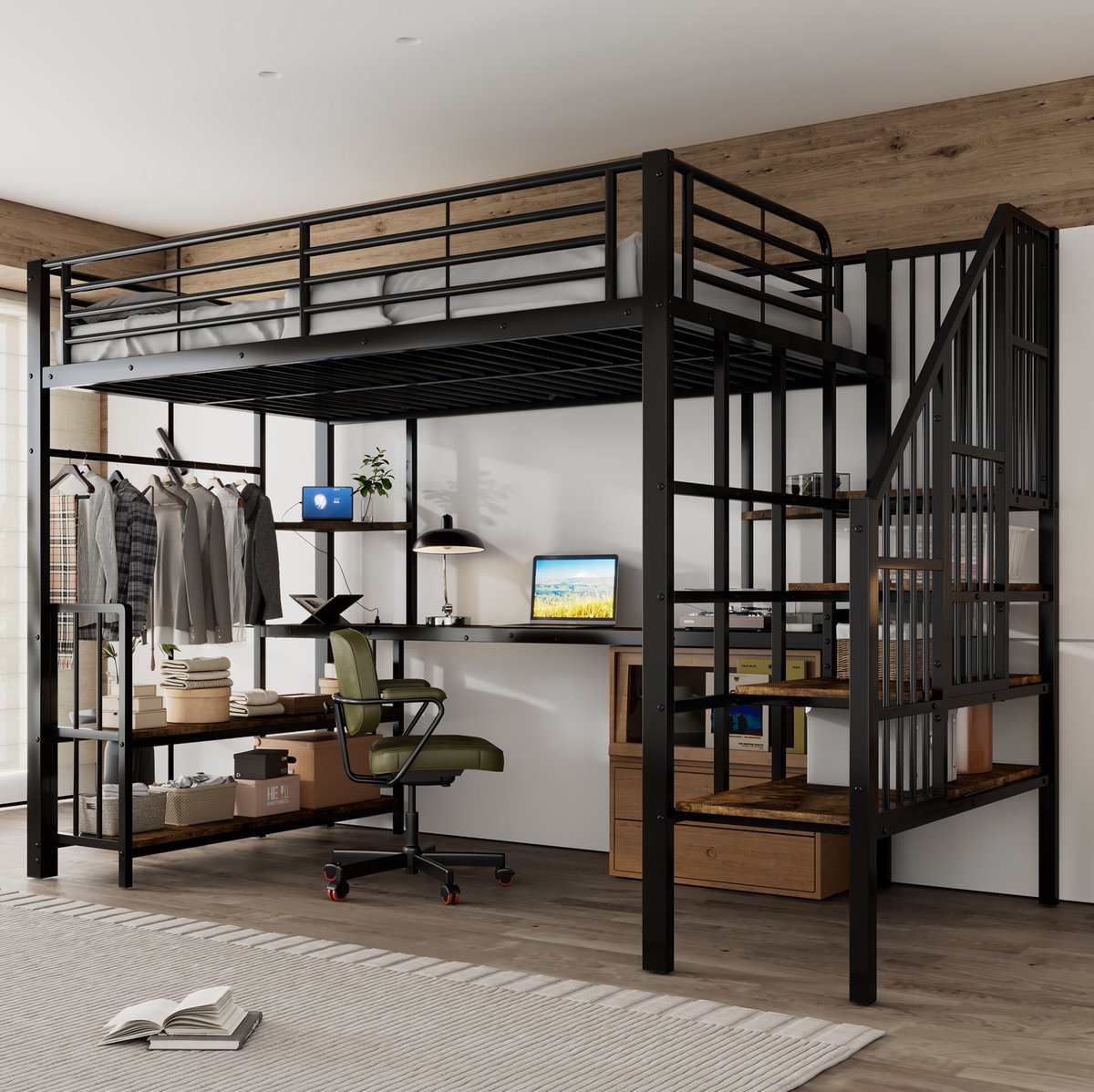 COVREO Hoogslaper met zijladder en handgreep – 120x200 cm – Bed van metaal en hout voor kinderen en jongeren – met laadpunt en kledinghaak – Zwart donkerbruin - zonder matras