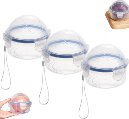 Trois boîtes de conservation rondes transparentes avec bords bleus et cordon, avec une pomme et un oignon.