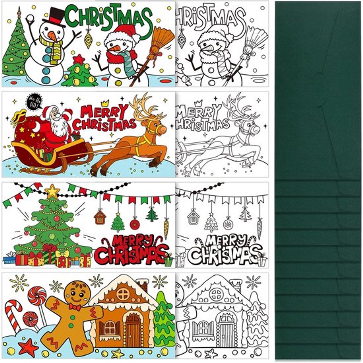 Kerstkaarten set 16 stuks - Kerstkaarten om in te kleuren - Knutselset voor kinderen - Met enveloppen - Unieke kerstgroeten - Papier 20 x 10 cm - Wenskaarten