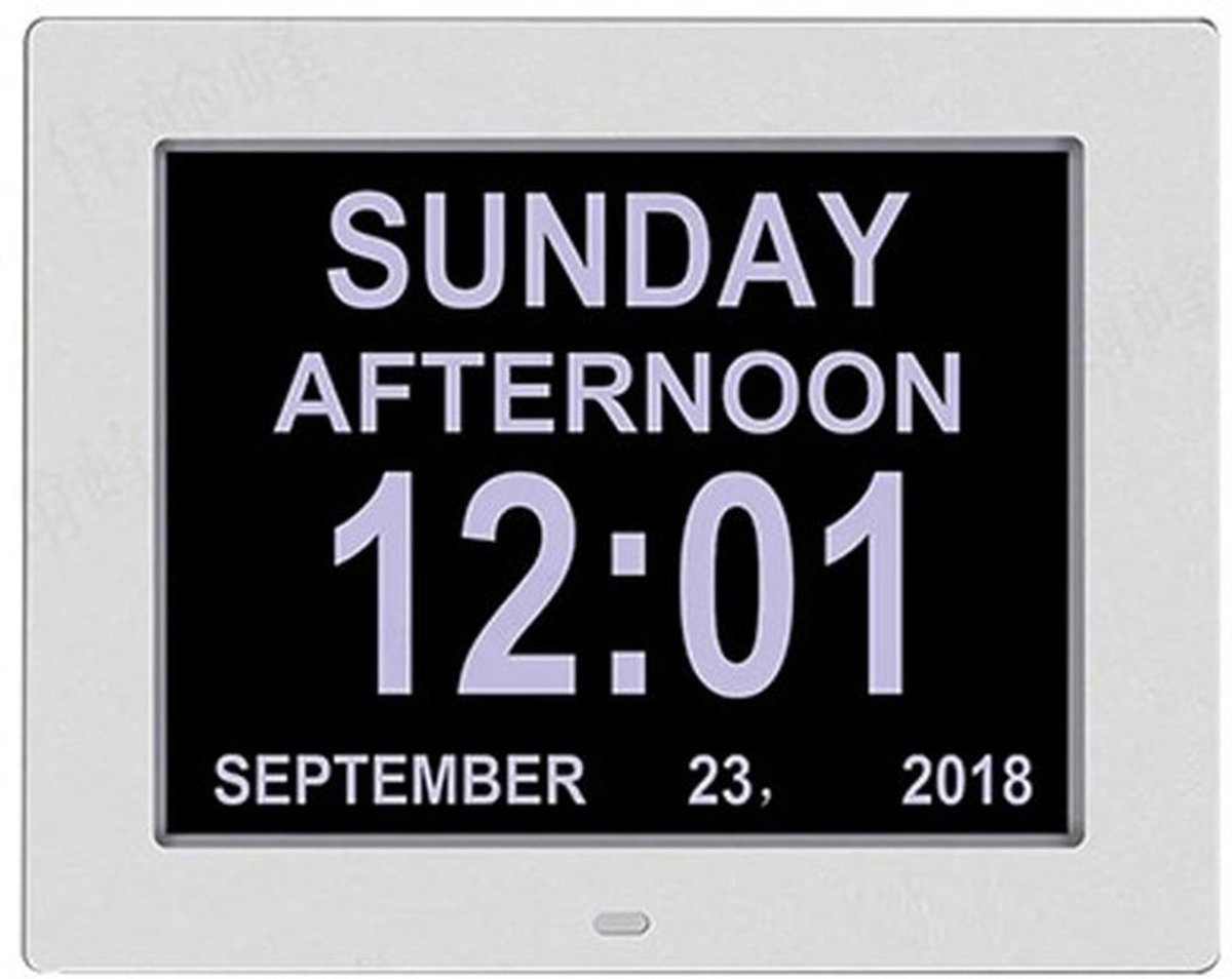 Witte 8-inch slimme elektronische klok met kalender en wekker voor senioren, met groot digitaal display.