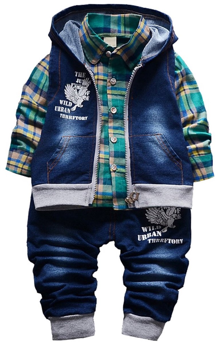 SnelShoppen - Lente Herfst Baby Jongens 3Pcs Kleding Set Katoen Shirt Jeans Denim Vest Groen 9-12 Maanden, Perfect voor Feestjes en Dagelijkse Draag