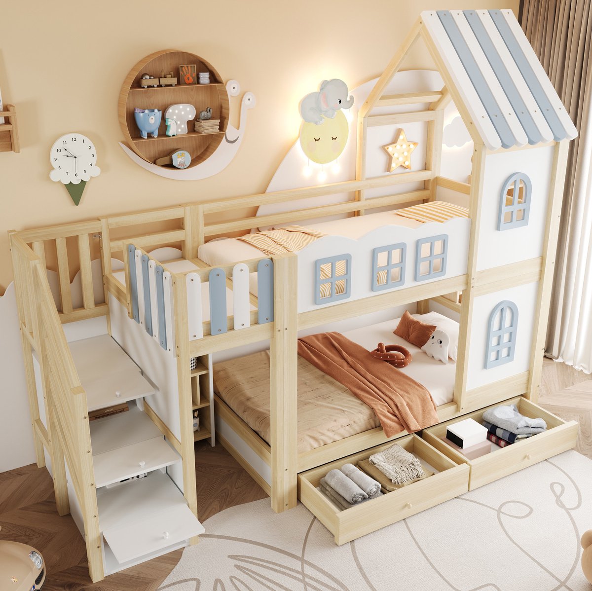 Wishdor Kinder-etagenbed 90 x 200 cm - Huisvorm - Wolkenvormig veiligheidshek - Opbergleider en lades - Houten bed - Wit grijs naturel hout