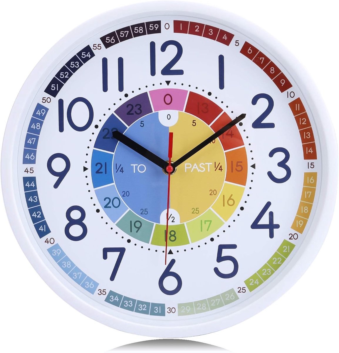 Stille, moderne kleurrijke leerkleurige wandklok voor kinderen - 30 cm ronde klok met Arabische cijfers voor kinderkamer, woonkamer en slaapkamer