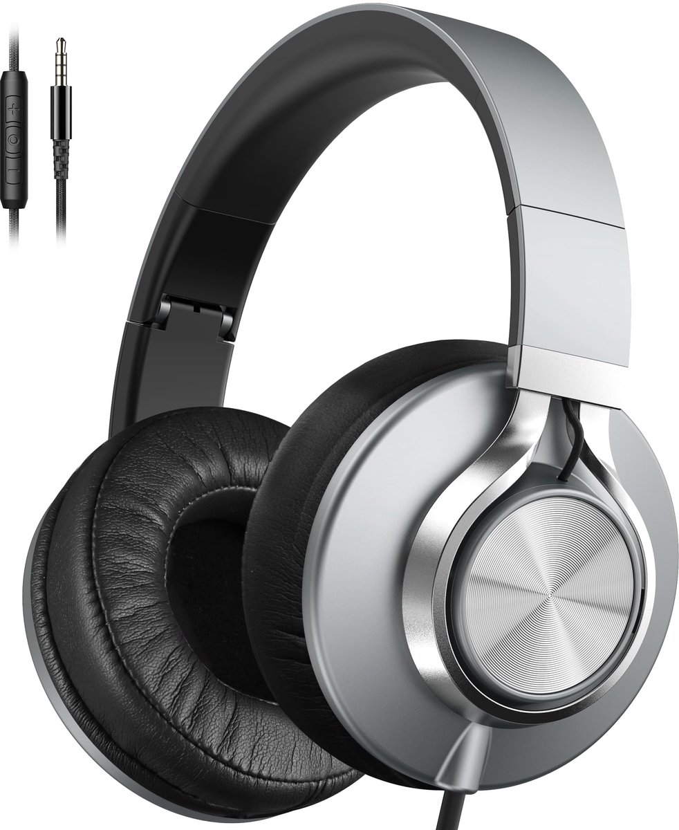 SnelShoppen - Bedrade hoofdtelefoon met microfoon en volumeregeling, opvouwbare stereo headset voor tieners en volwassenen, 3,5 mm aansluiting, grijs,