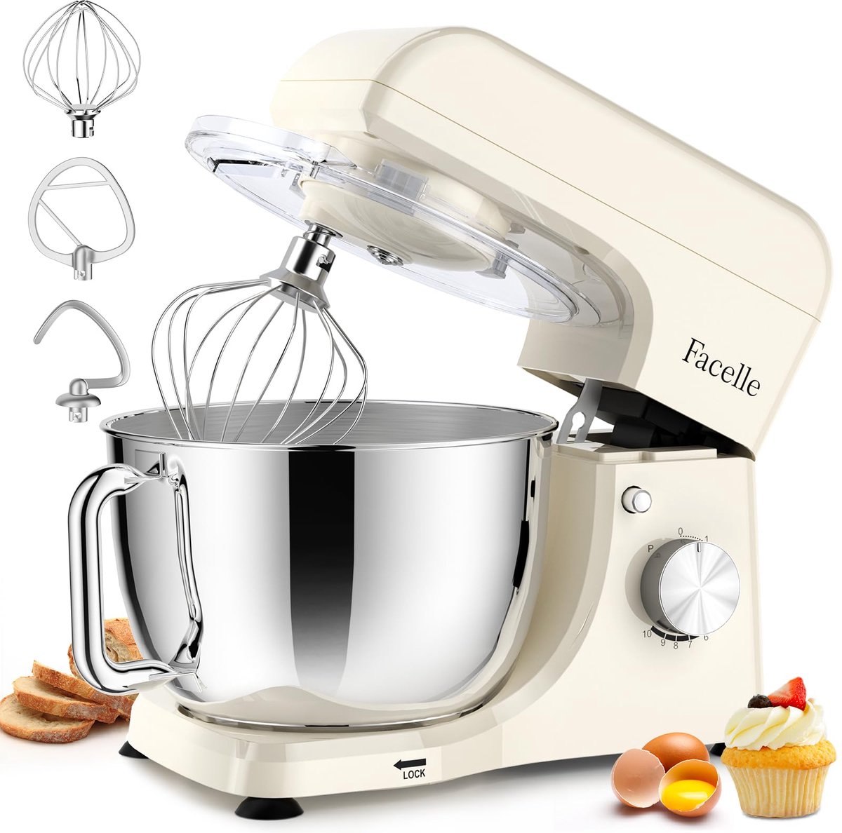 SnelShoppen - Stand Mixer Wit - 5.5L Keukenmachine met 6 Snelheden en Kneedhaak voor Bakken, Mixen, Kloppen, Perfect voor Taarten en Brood