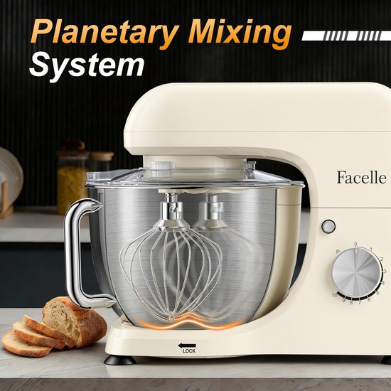 SnelShoppen - Stand Mixer Wit - 5.5L Keukenmachine met 6 Snelheden en Kneedhaak voor Bakken, Mixen, Kloppen, Perfect voor Taarten en Brood van Snelshoppen — afbeelding 3