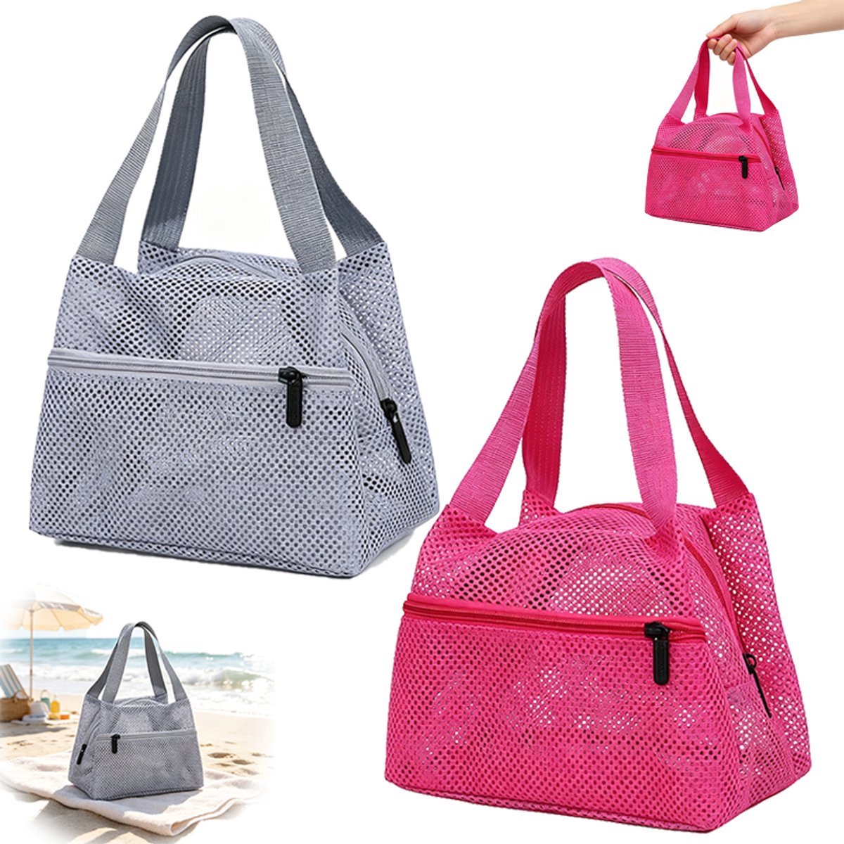 2-delige set met mesh strandtas, geperforeerde sneldrogende zwemtas, draagbare reis- en toiletartikelenopbergtas, sporttas voor zwemkleding.