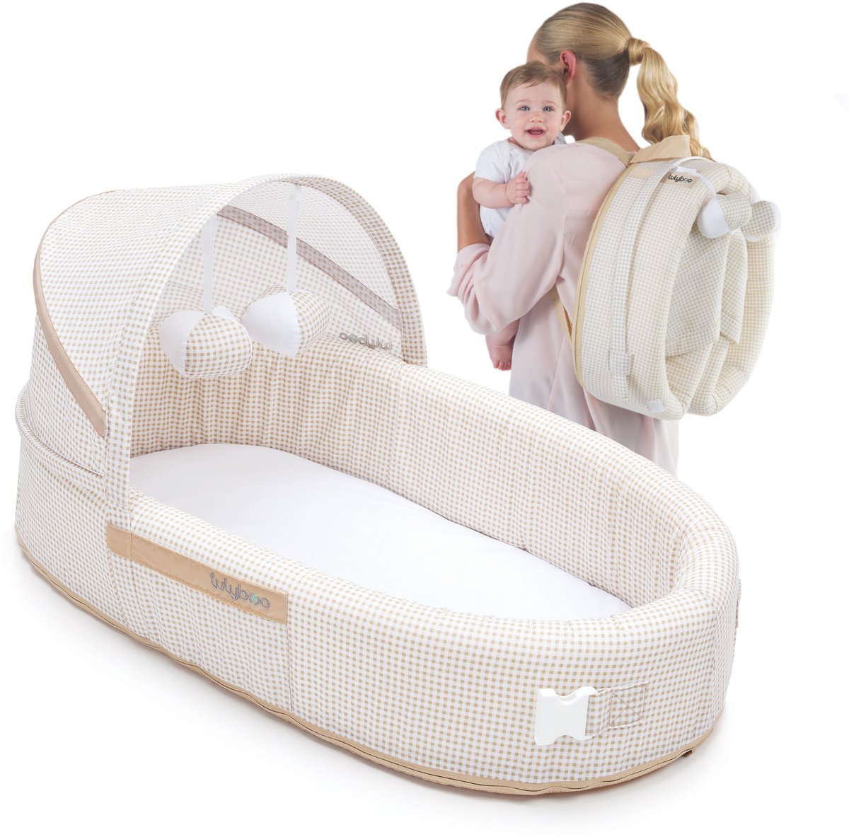 Lulyboo Bassinet To Go Baby Nestje & Reiswieg - Opvouwbare Babylounger met Speelboog, Luifel & Verschoonplek - Draagbaar Rugzakmodel - 0-12 Maanden - Original