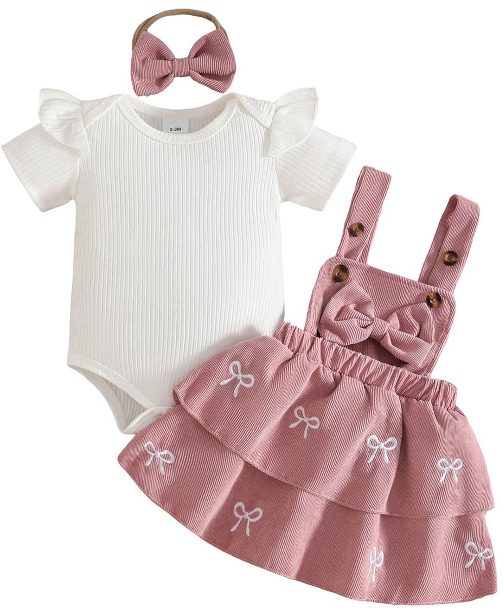 SnelShoppen - JENJON Babyrok Meisjes Set, Zomerrok, Korte Mouwen, Geribbeld Bovendeel, Strik, Plaid Corduroy, Bretelrok, 3-delige Outfit, Roze, 0-3 Ma