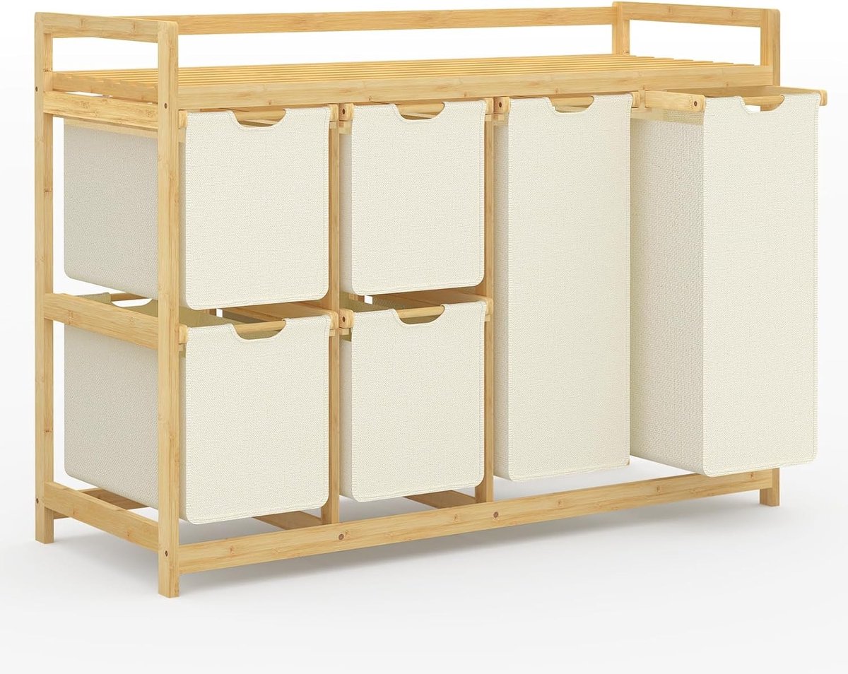 Grote Wasmand van 200L met 6 Compartimenten, Inclusief 2 Waszakken en 4 Opbergdozen voor Badkamer en Slaapkamer, Beige Kleur
