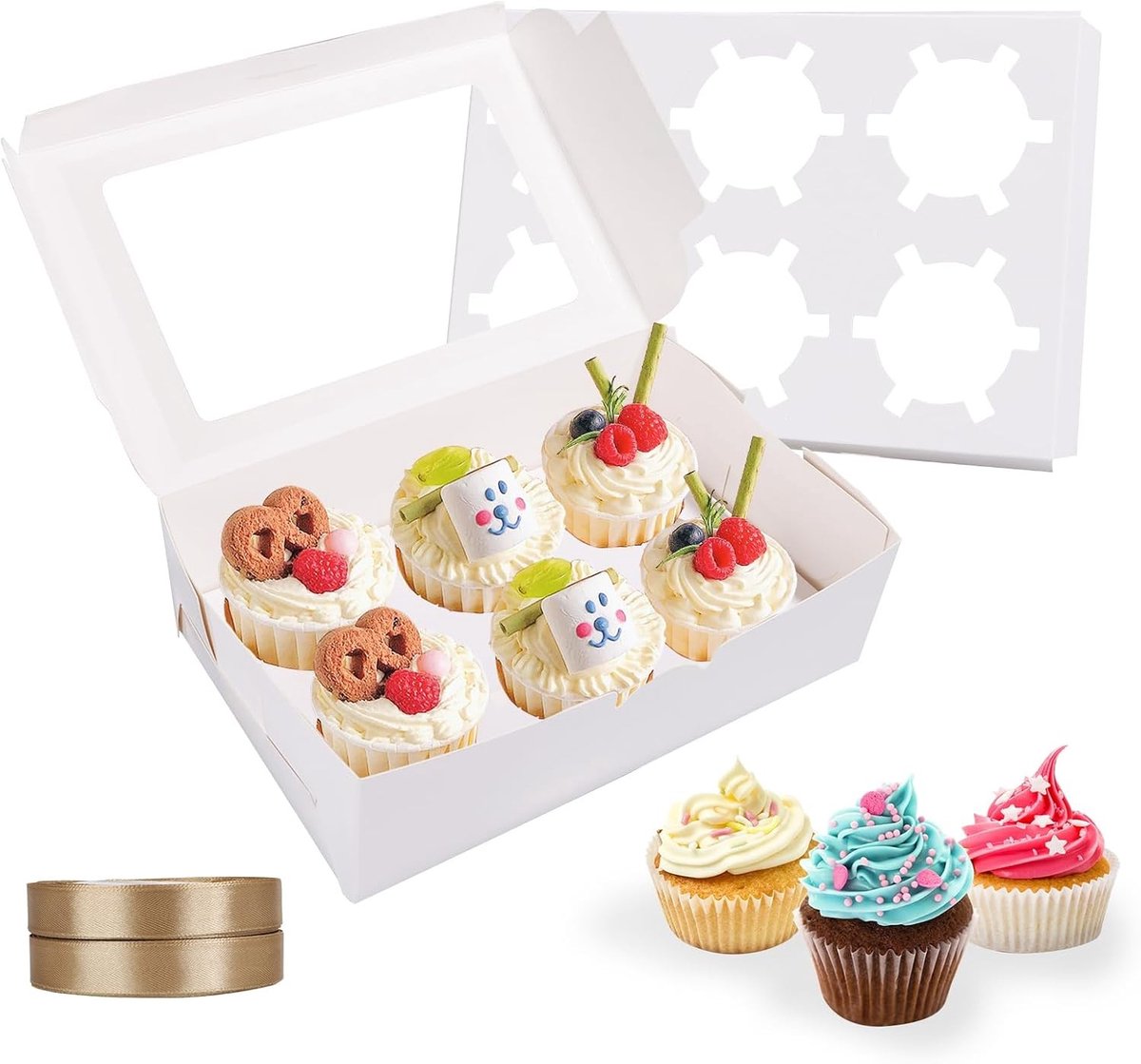 Set van 30 Cupcake Transportdozen met 6 Gaten, Muffin Dozen met Doorzichtig Venster en Handvat, 24 x 16 x 7,5 cm, Ideaal voor Taartjes en Koekjes