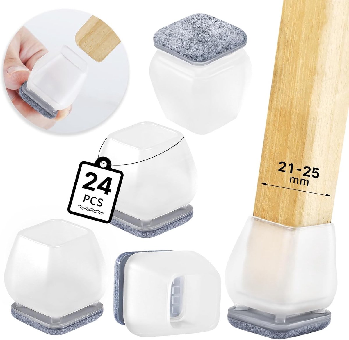 Transparante Stoelpoot Beschermcaps met Grijze Vilt, 24 Stuks voor Rechthoekige en Hoekige Stoelen, Geluiddempers en Krassenschilders (Vierkant, 21-25 mm)