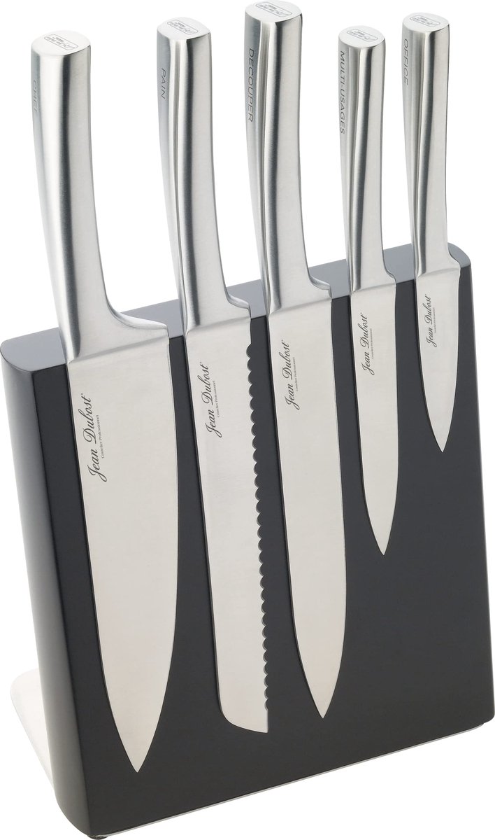 SnelShoppen - Magnetisch Messenblok met 5 Keukenmessen - Roestvrij Staal - Chef, Brood, Snijden en Multifunctioneel - Zwart 20,5 x 22,5 cm voor Keuken