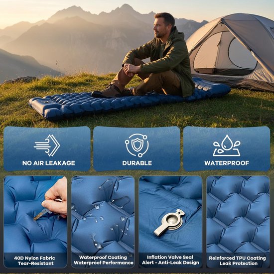 HiOutdoor Opblaasbare Slaapmat 10 cm - Ultralicht Campingmatras met Voetpomp - Blauw — afbeelding 3