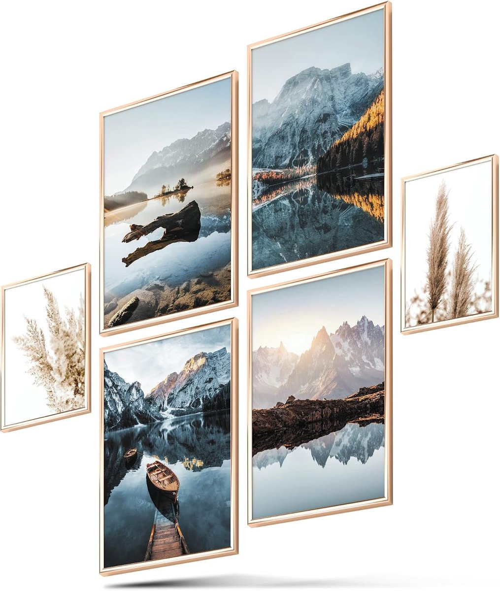 SnelShoppen - Dreamy Mountains Poster Set - Dubbelzijdig Geprinte Natuurlijke Landschap Posters - M 4x A4 & 2x A5 zonder Lijsten - Woonkamer Decoratie