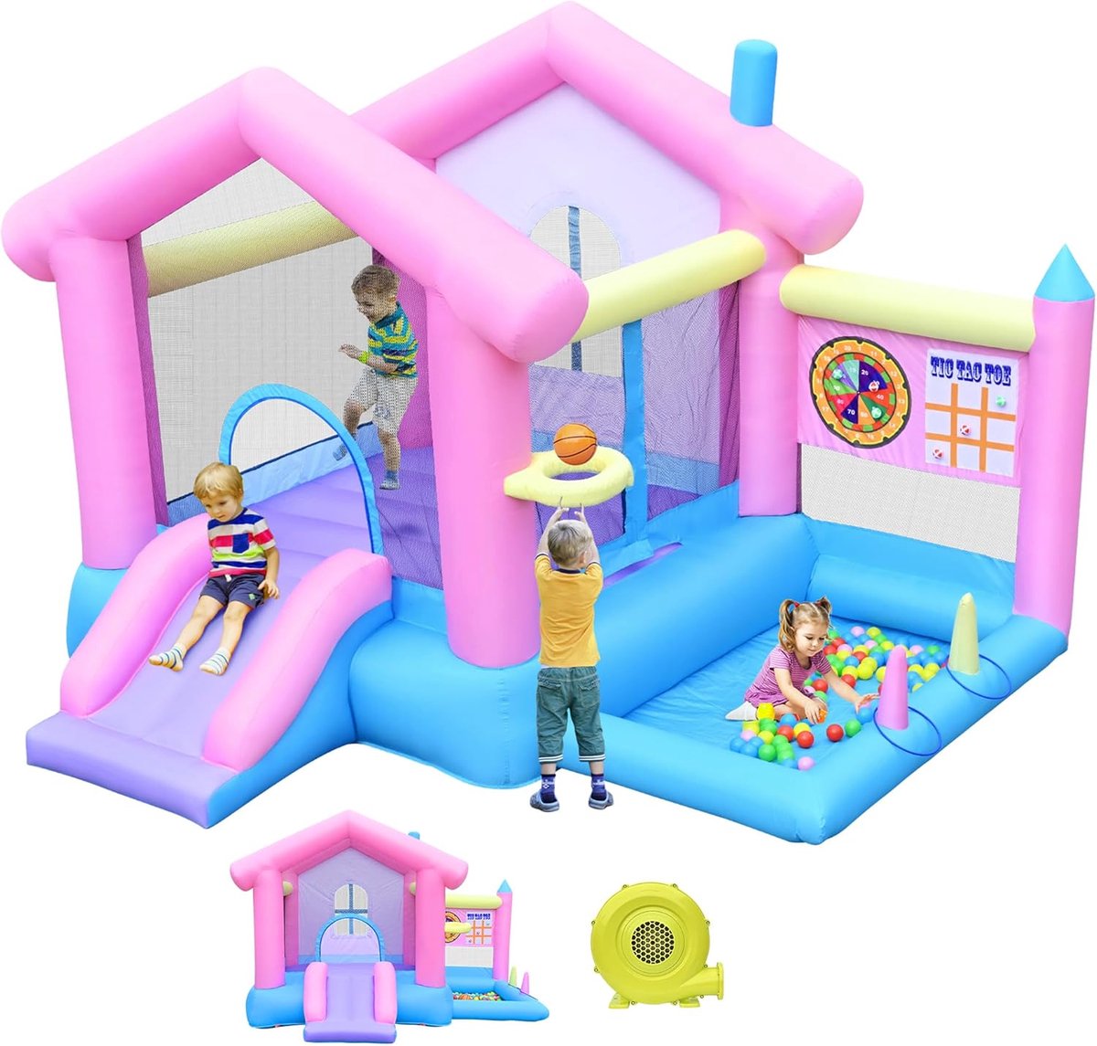 SnelShoppen - Bouncy Castle Grote met Glijbaan en Basket, Opblaasbaar Speelhuisje voor Kinderen 3-10 Jaar, Buitenspeelgoed met Ventilator voor Binnen