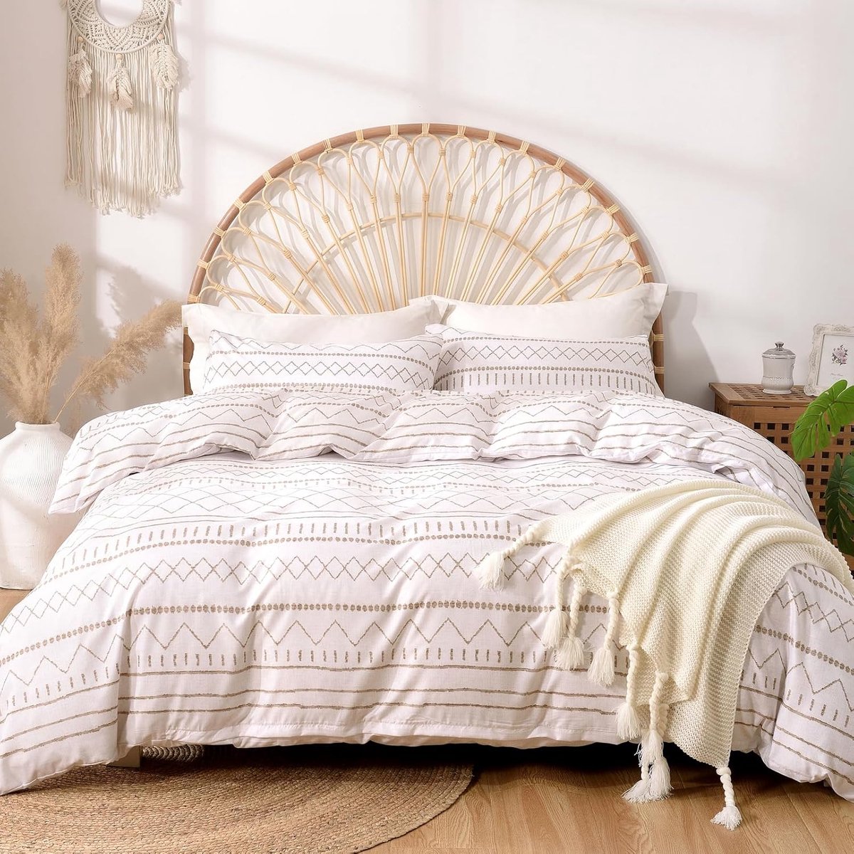 SnelShoppen - Duvet Set 240x220 cm, 3-Piece Beddegoedset met Bohemian Patroon, Microfiber Duvet Cover en 2 Kussenslopen, Beige Stripe - Luxe Bedtextie