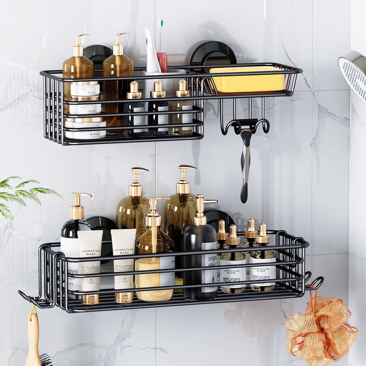SnelShoppen - Douchecaddy Zuignap 2 Stuks met Haken en Zeephouder - Zware Badkamer Organizer zonder Boren - Grote Capaciteit - Metalen Opbergmand Zwar