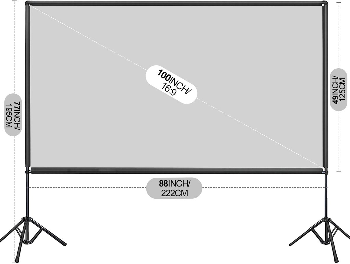 SnelShoppen - Beamer-scherm met Statief 100 inch Draagbaar Projectiescherm 16:9 HD voor Buiten, Camping, Feest, Tuin, Thuisgebruik