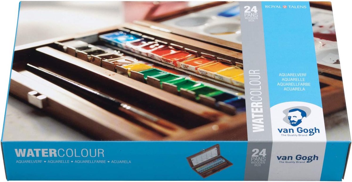 SnelShoppen - Waterverf Set 24 Half Pans in Houten Kist met 3 Accessoires - Professionele Kleurpigmenten voor Kunstenaars en Studenten