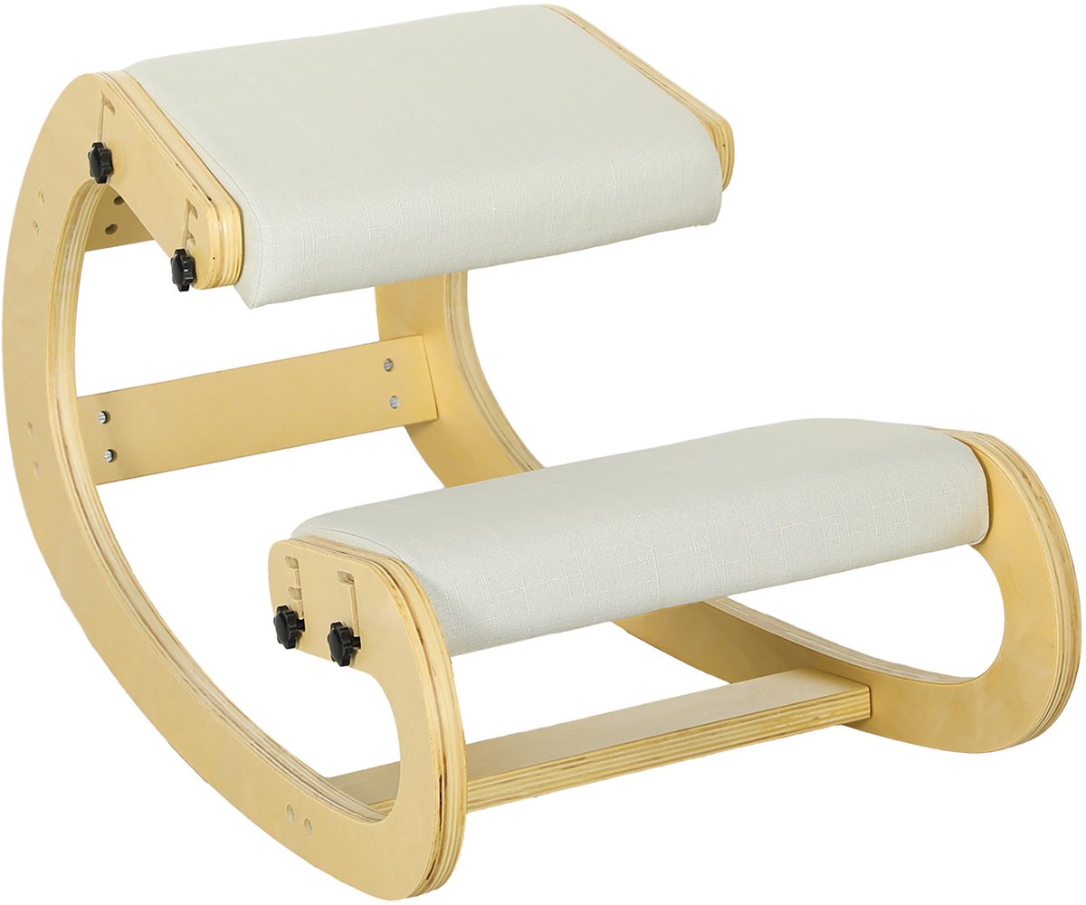 HOMCOM Kneeling Chair-Polyester, Birkenholz-85L x 55B x 55H cm-Cremeweiß