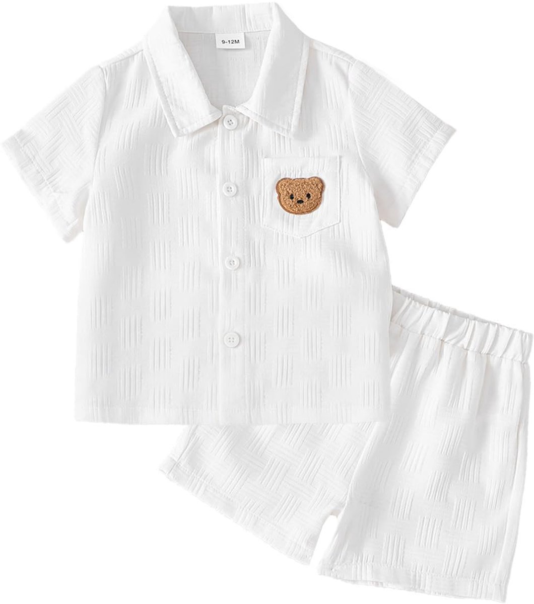 SnelShoppen - Zomerkleding Peuters Babyjongens Korte Mouwen Beren Tops Poloshirt Shorts Set Outfit Wit 2-3 Jaar voor Feest, Tuin en Spelen