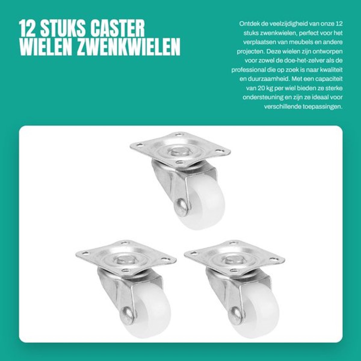 Meubelwiel 25 mm - Zwenkwielen set van 12 - Nylon materiaal - Lichtgewicht - Sterk draagvermogen - Duurzaam ontwerp - Zwenkwiel