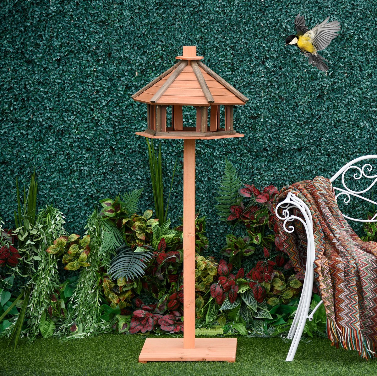 Modenuit Vogelhuis – Vrijstaand – Ø52 x 130 cm – Hout – Natuurlijke Houtkleur – Met Dak en Voetstuk