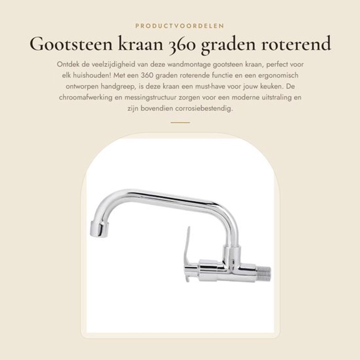 Gootsteenkraan 360° Roterend - Wandmontage - Messing/Roestvrij Staal - Ergonomische Handgreep - Corrosiebestendig - Eenvoudige Installatie - Keukenkranen