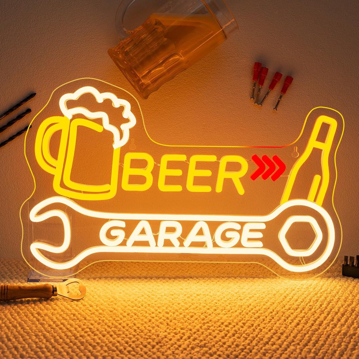 SnelShoppen - Neon Bord Biergarage LED-Letters voor Werkplaats, Man Cave, Café, Bar, Auto, Club, Huisbar, Feestzaal - Goudgeel en Warm Wit Neonlicht