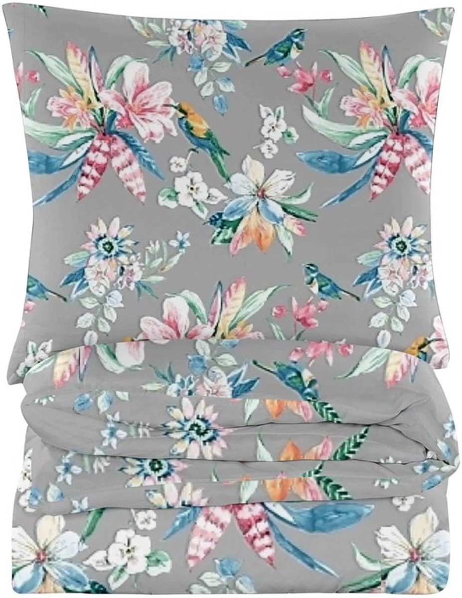 Beddengoed 155 x 200 cm - Katoenen Dekbedovertrek - 3-delige Set - 2 Kussenslopen 70 x 80 cm - Grijs/Vogels - Comfortabel en Ademend - Dekbedovertrekset