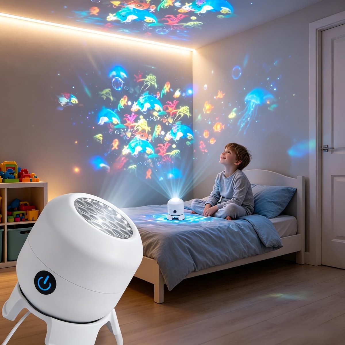 Dynamisch roterende LED-projectielamp, kleurrijke roterende nachtlamp met voet, 360° roterende oceaan, projectielamp voor kinderkamers, decoratie en woondecoratie [Energie-efficiëntieklasse A]