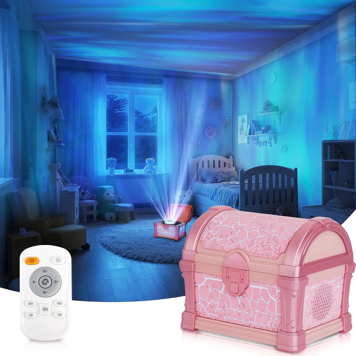 Pink Treasure Chest Night Light for Girls - 7-Color Northern Lights Projector Aurora Light Projector with Auto Timer, Dimmable Kids Bedroom Lamp for Girls Sleeping & Dreaming & Kids Room Decor