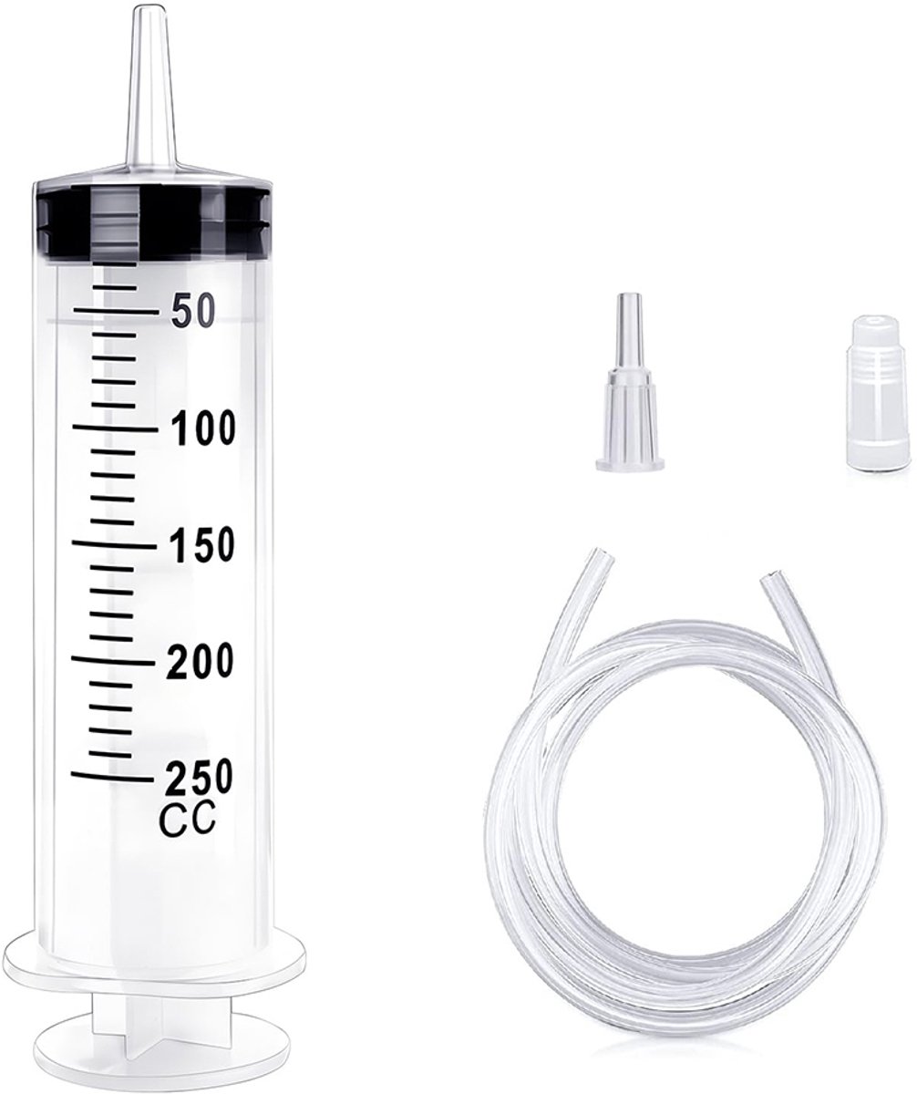 Spuit - 250 ml - met 1 m slang en adapter - Transparante spuit met rubberen stop - Irrigator - Vloeibare voeding voor huisdieren - Vloeistofspuit - Klysmaset - Geschikt voor industrieel en laboratoriumgebruik