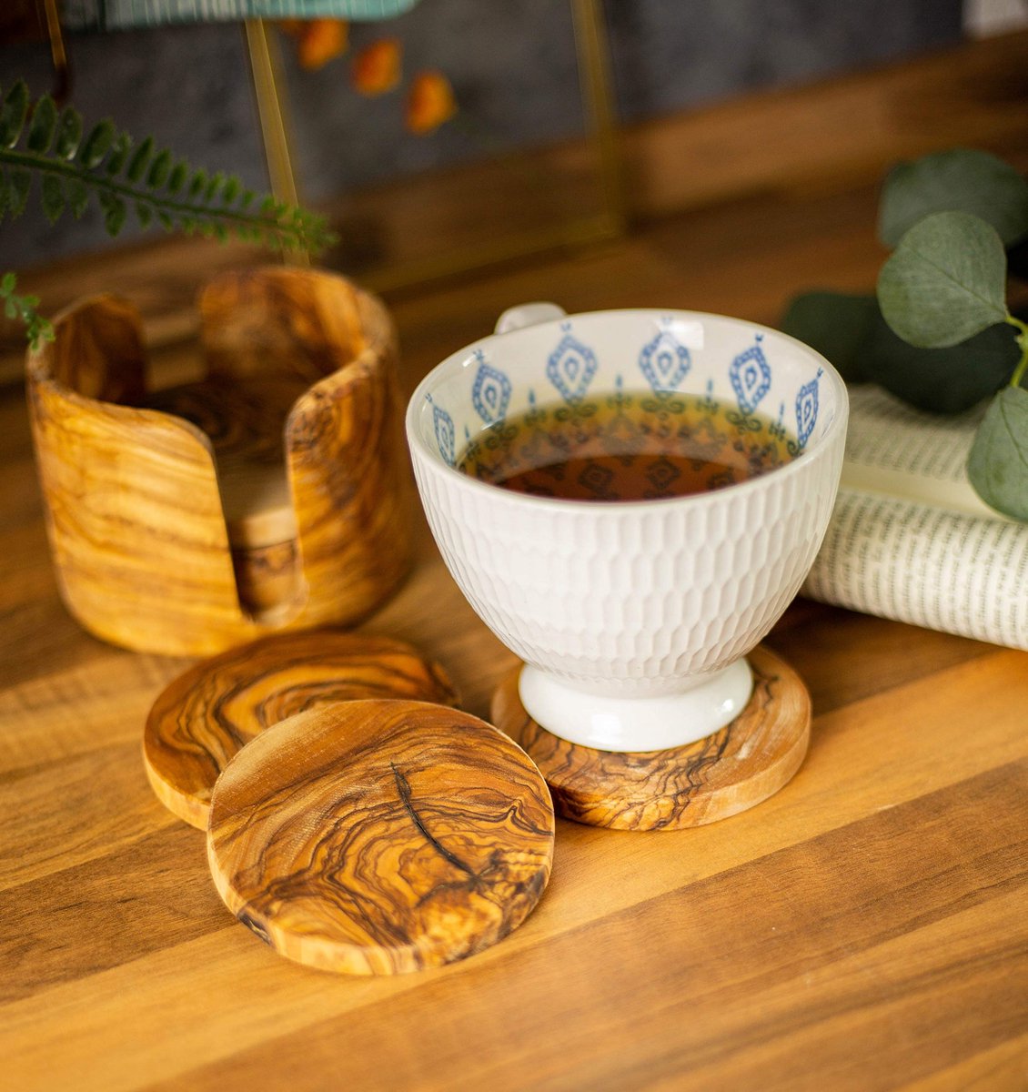SnelShoppen - Onderzetters voor glazen, rond, bieronderzetters van olijfhout, set van 6 stuks, 8,5 cm, inclusief opbergdoos voor bekers, kopjes, vazen