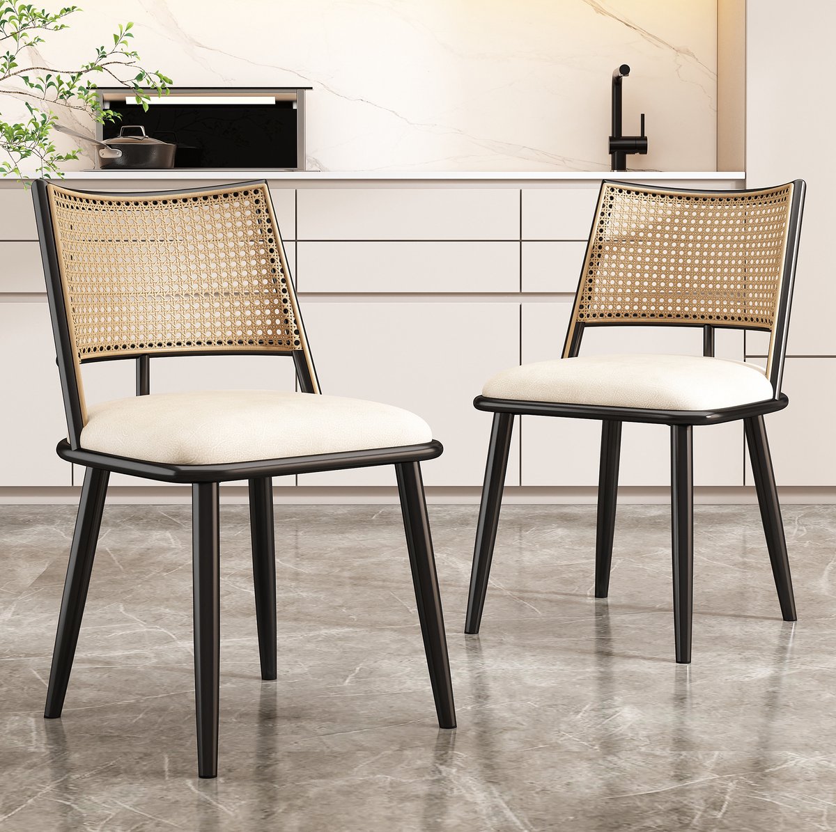 MEUNIQ Eetkamerstoelen set van 4 - zwarte eetkamerstoel met PU-zitting, rotan rugleuning, metalen onderstel, 80 x 50 cm, voor woonkamer en eetkamer