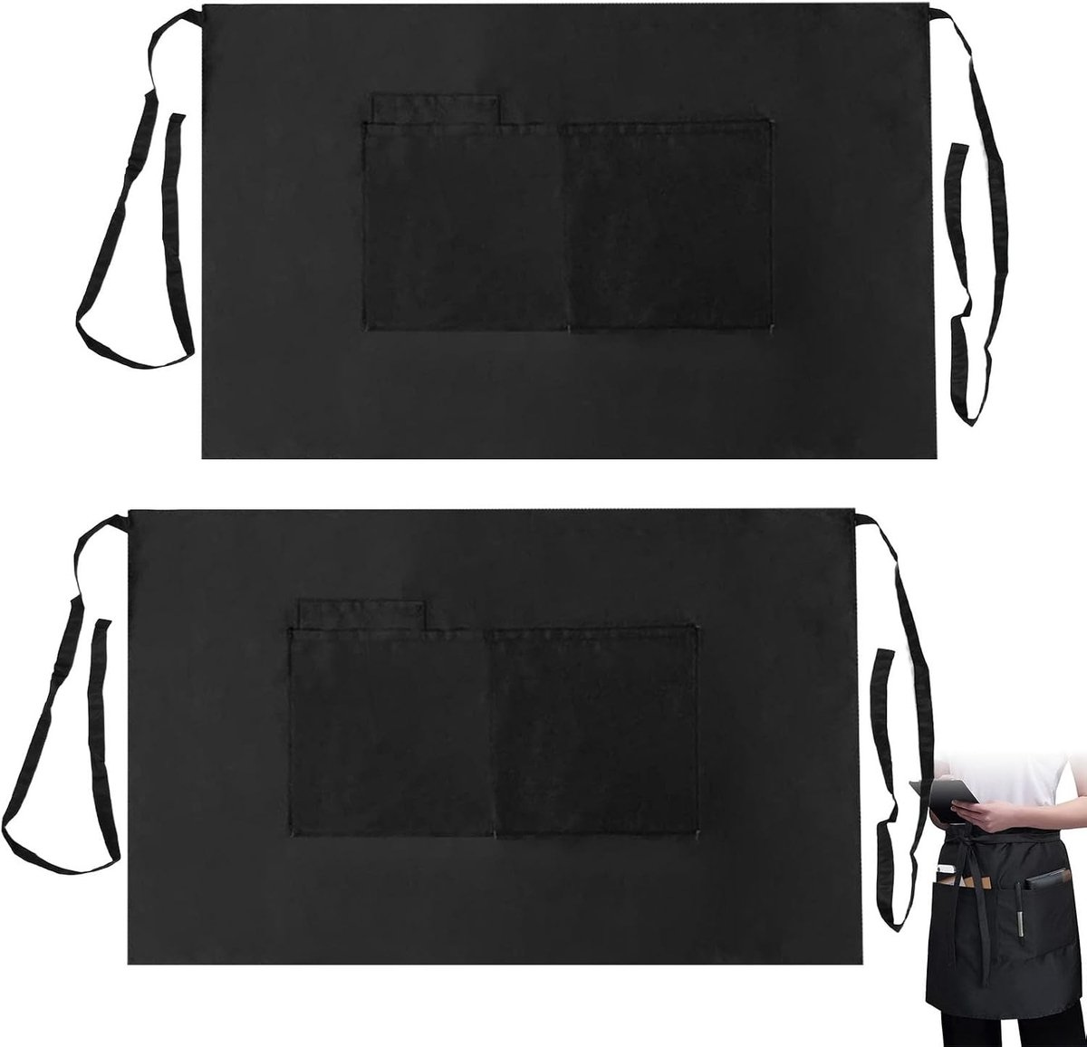 Keukenschorten set van 2, zwart half schort met 3 zakken, ideaal voor horeca en catering