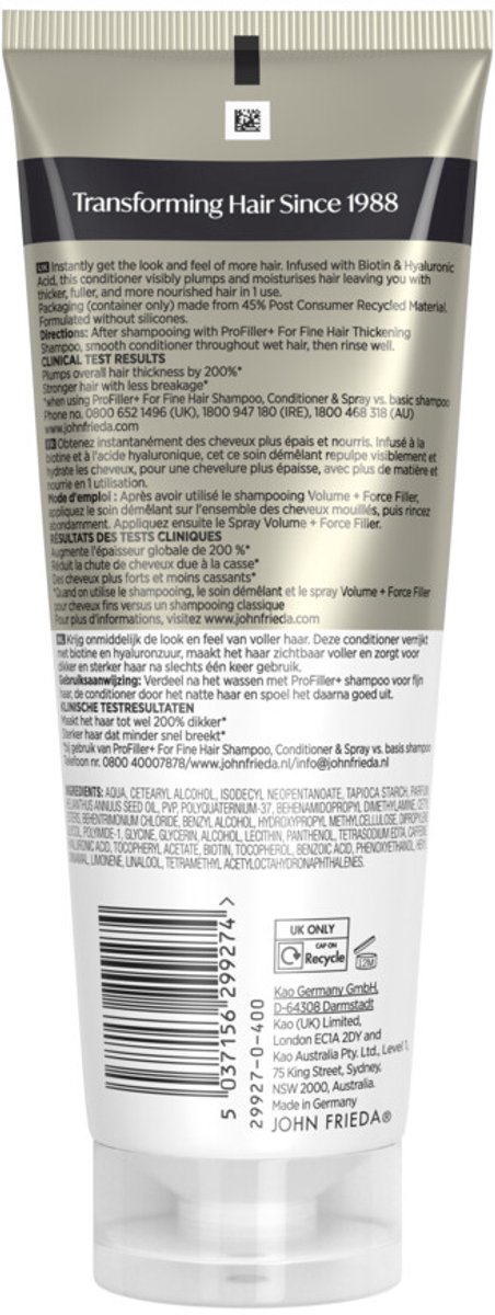 John Frieda PROfiller+ Thickening Conditioner - 6 x 250 ml - Voordeelverpakking