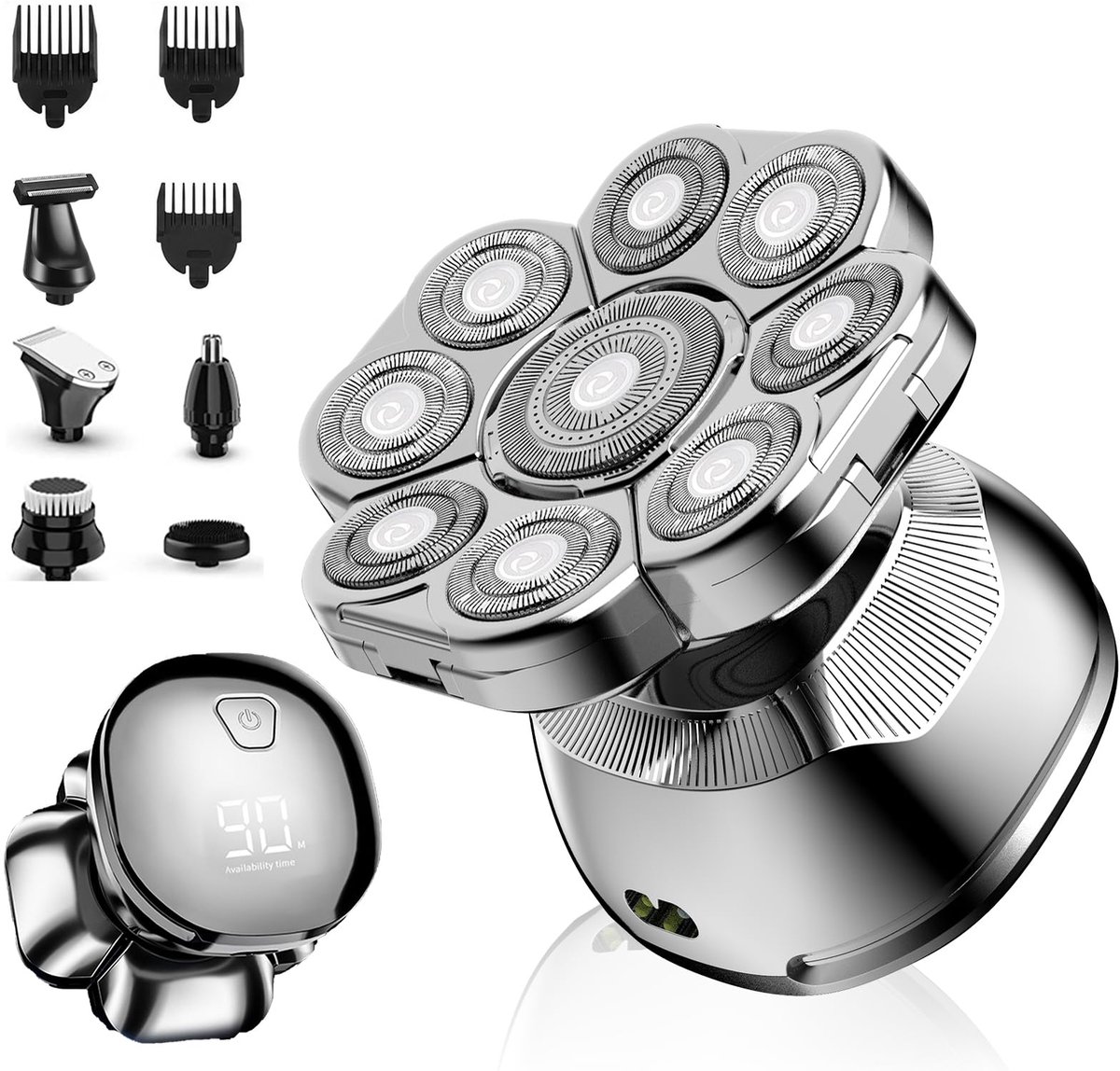 SnelShoppen - Elektrisch Scheerapparaat voor Kale Mannen - 6 in 1 Multifunctioneel 9D Roterend Scheerapparaat - Waterdicht USB Oplaadbaar - Heren Trim