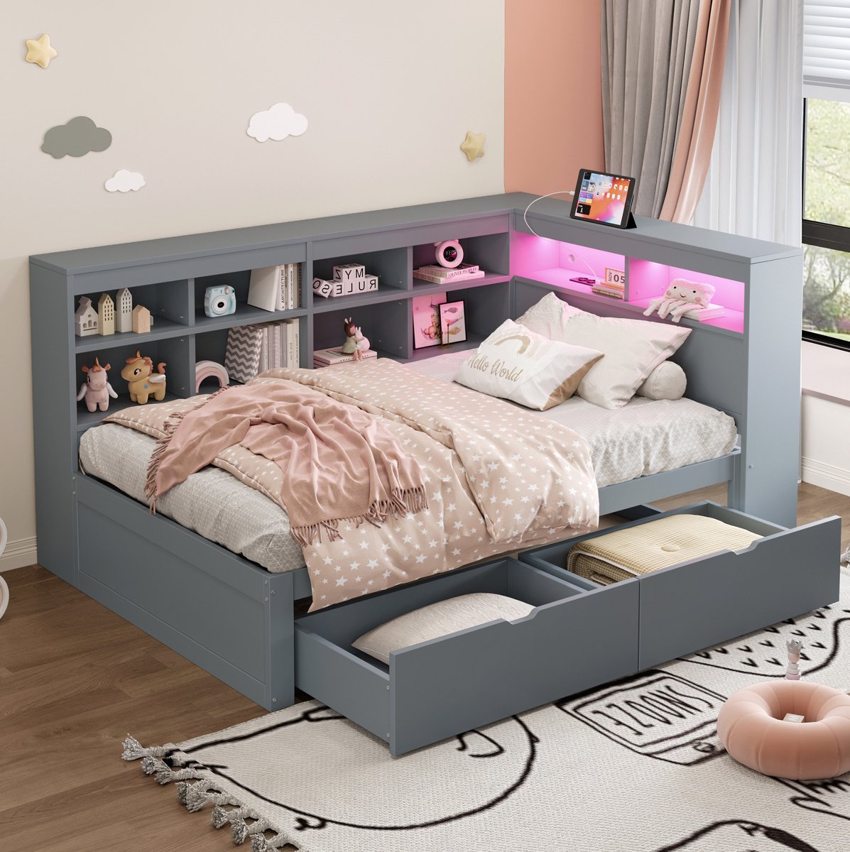 COVREO Bed 90x200 cm grijs hout met opbergruimte en USB zonder matras