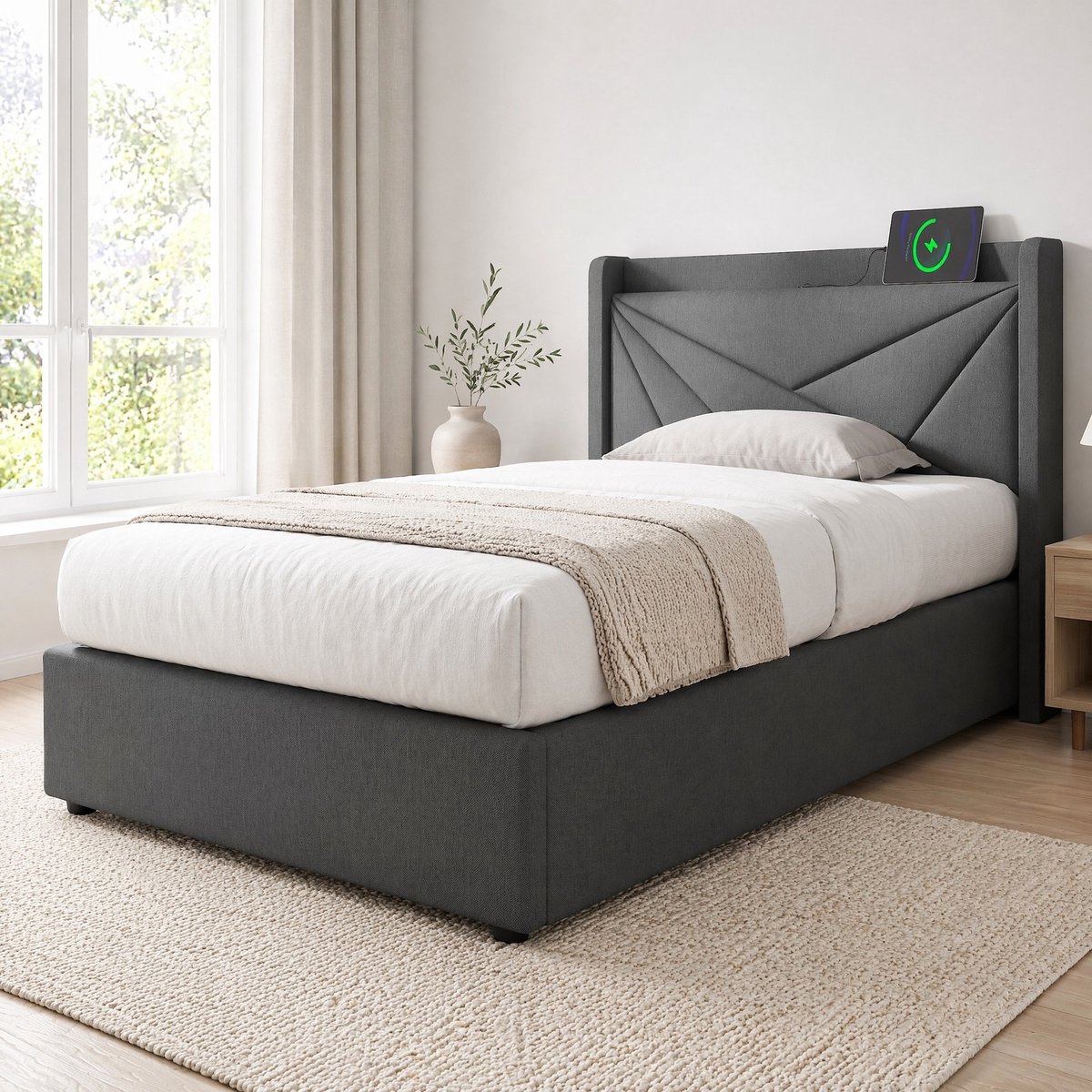 COVREO Bed 90x200 cm grijs met opbergruimte en USB zonder matras