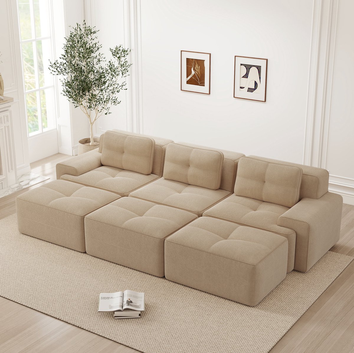 STILVORA Hoekbank 293 x 177 cm - Modulaire 3-Zits Met Slaapfunctie En 3 Hockers - Voor Woonkamer En Lounge - Corduroy Beige