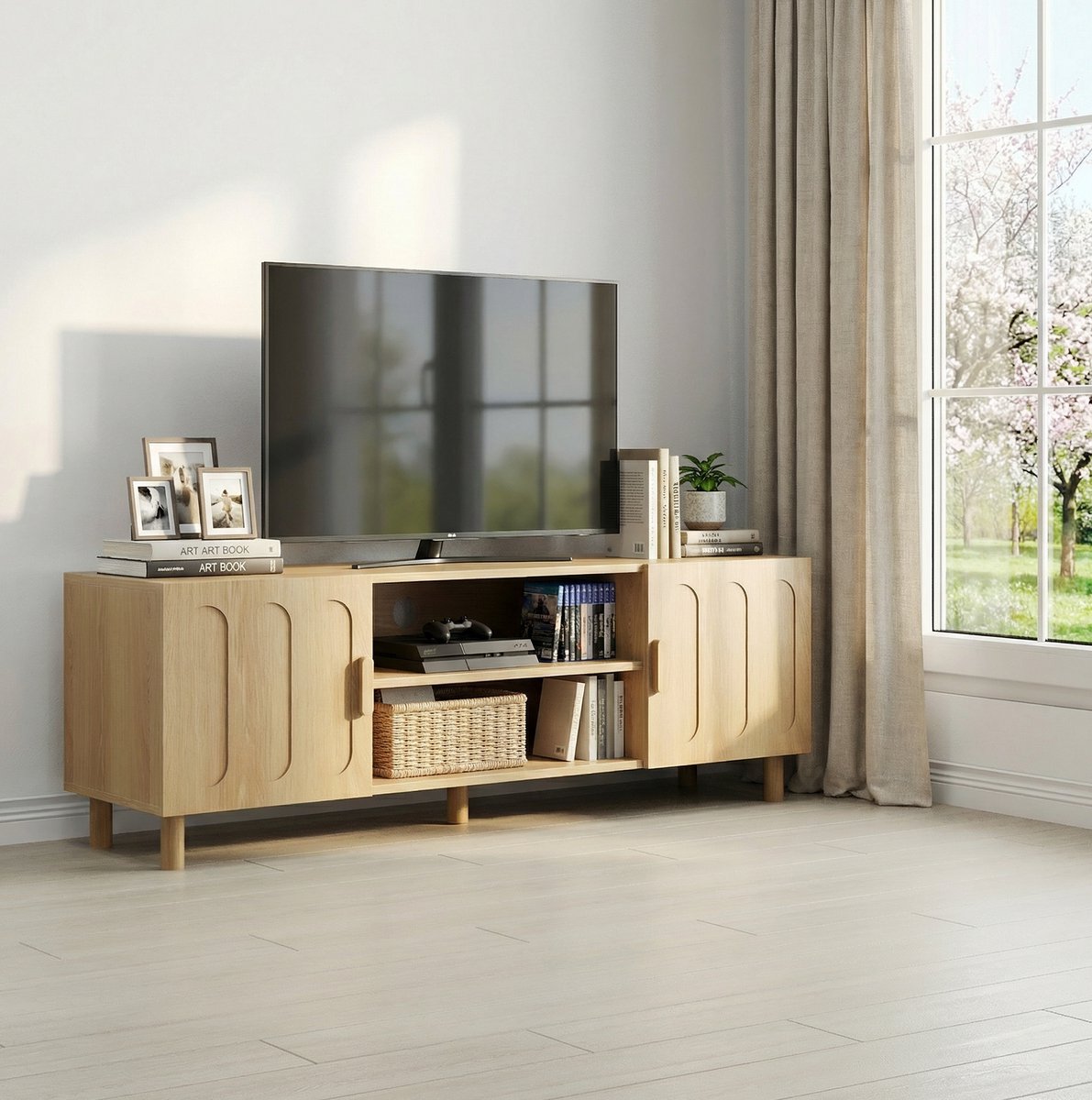 DESMIU Dressoir - TV Meubel Met Opbergruimte En Kabeldoorvoer - Voor Woonkamer En Slaapkamer - MDF - 140x40x48 Cm - Oak
