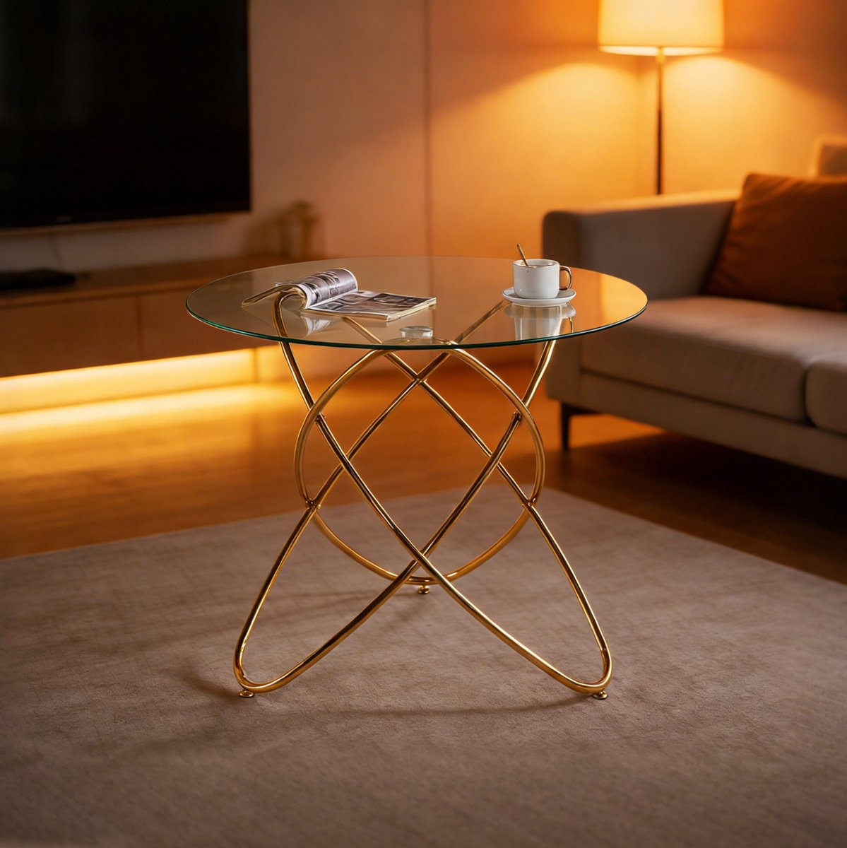 MEUNIQ ronde eettafel 80 cm met glazen tafelblad en gouden metalen poten, 75 cm hoog, modern design voor eetkamer of woonkamer Golden