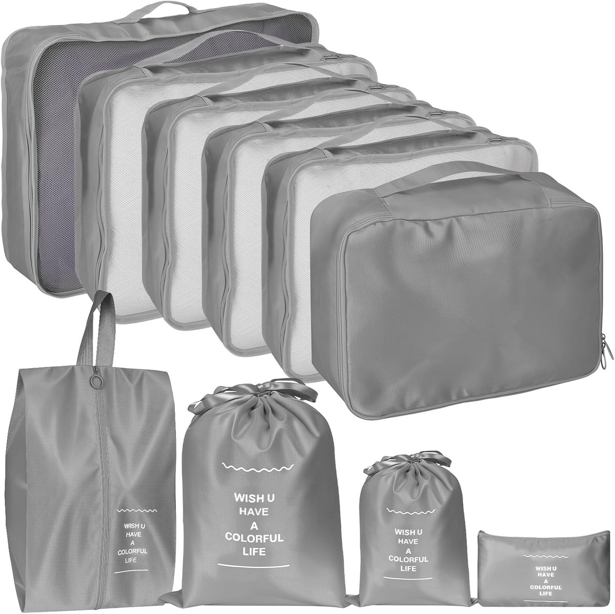 Set van 10 Kofferorganizers en Verpakkingskubussen voor Reisaccessoires en Kleding - Grijs