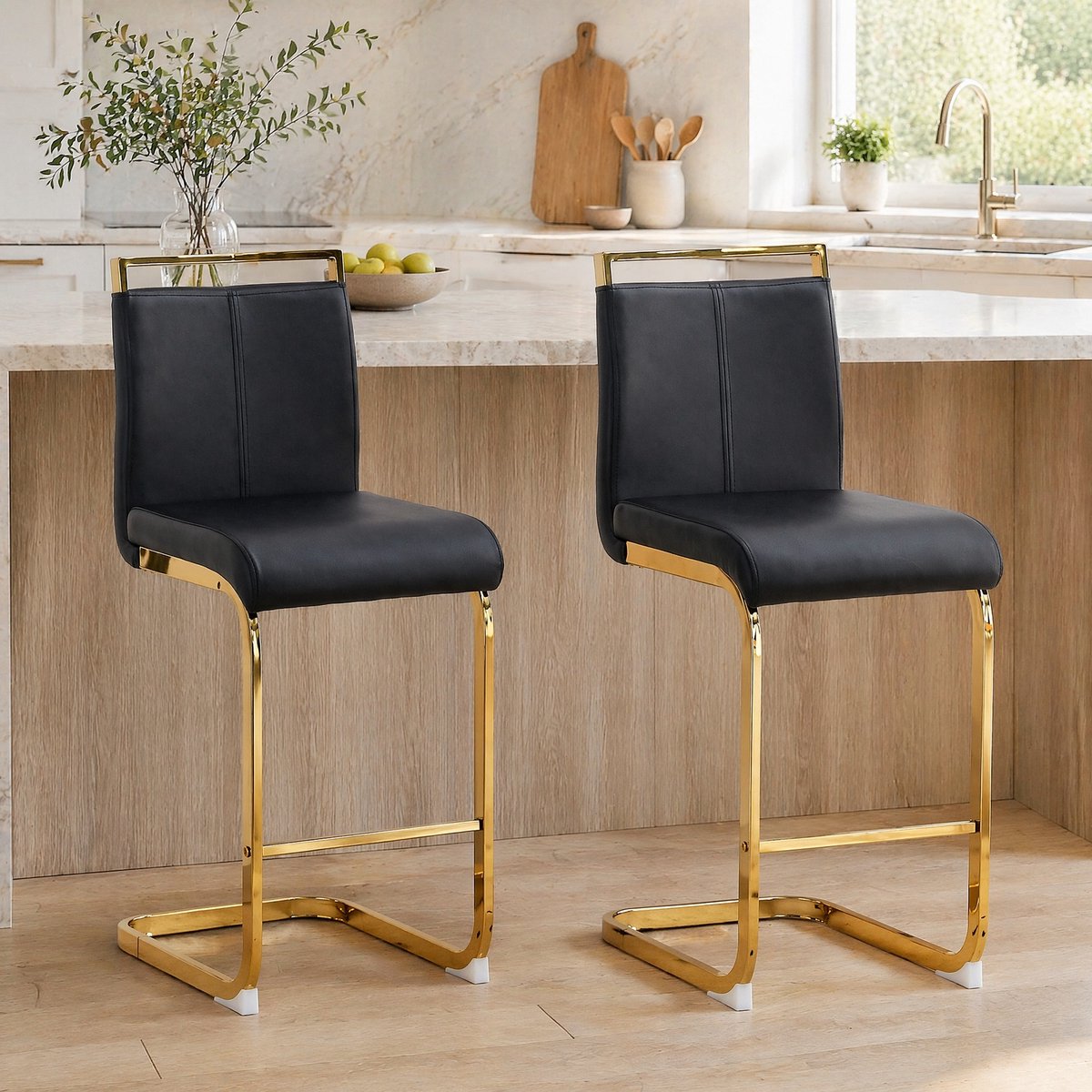 MEUNIQ barkruk set van 2 in Scandinavische stijl, zwart kunstleer met gouden metalen poten, met rugleuning en voetsteun voor keuken en eetruimte Black+Gold